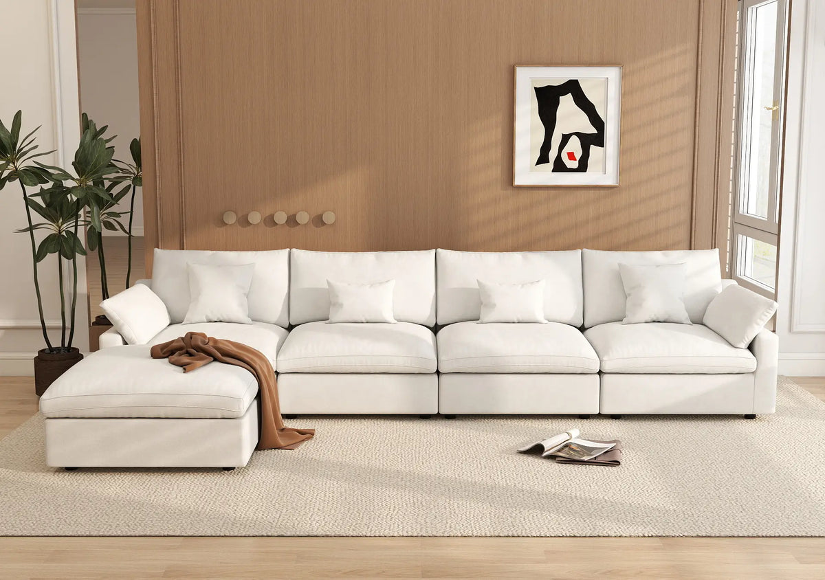 Deluxe Cloud 4-Seater White Washable L-Shaped Sectional | 5-Piece (includes 1 Ottoman), Chenille and Linen Fabric, Modular Design