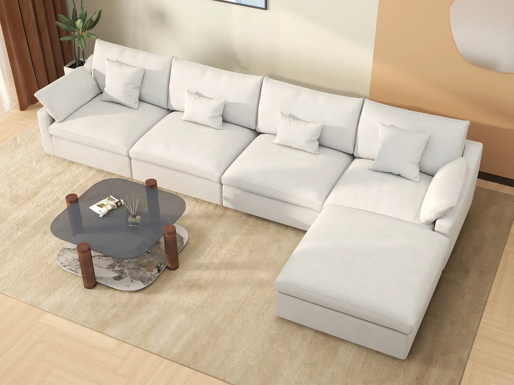 Deluxe Cloud 4-Seater White Washable L-Shaped Sectional | 5-Piece (includes 1 Ottoman), Chenille and Linen Fabric, Modular Design