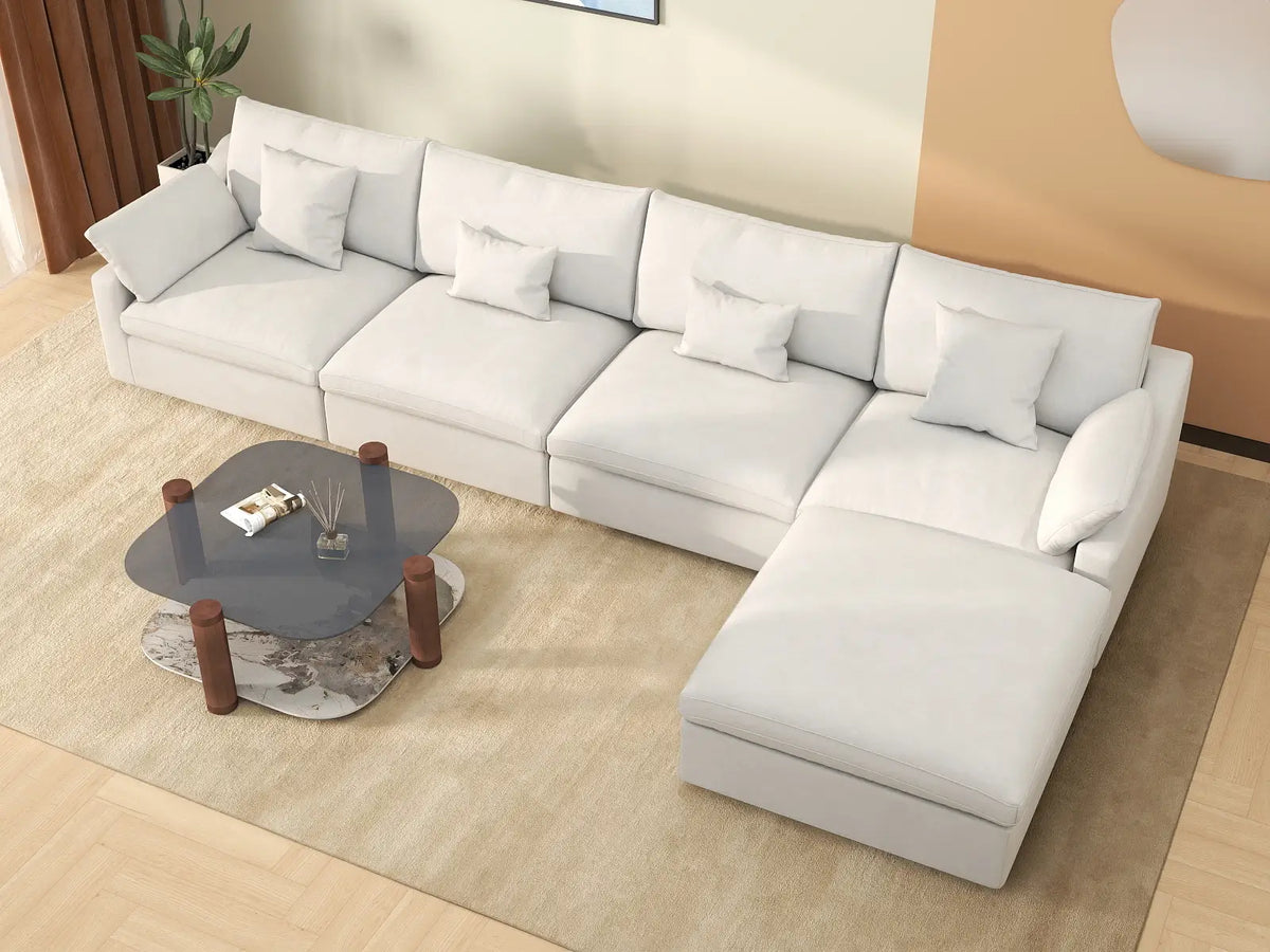 Deluxe Cloud 4-Seater White Washable L-Shaped Sectional | 5-Piece (includes 1 Ottoman), Chenille and Linen Fabric, Modular Design