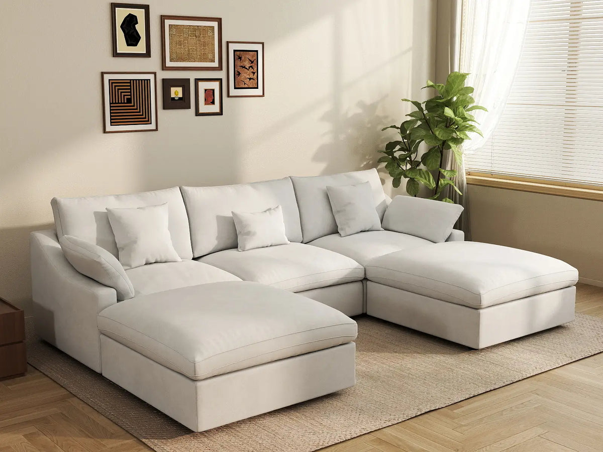 Deluxe Cloud 3-Seater White Washable U-Shaped Sectional | 5-Piece (includes 2 Ottomans), Chenille and Linen Fabric, Modular Design