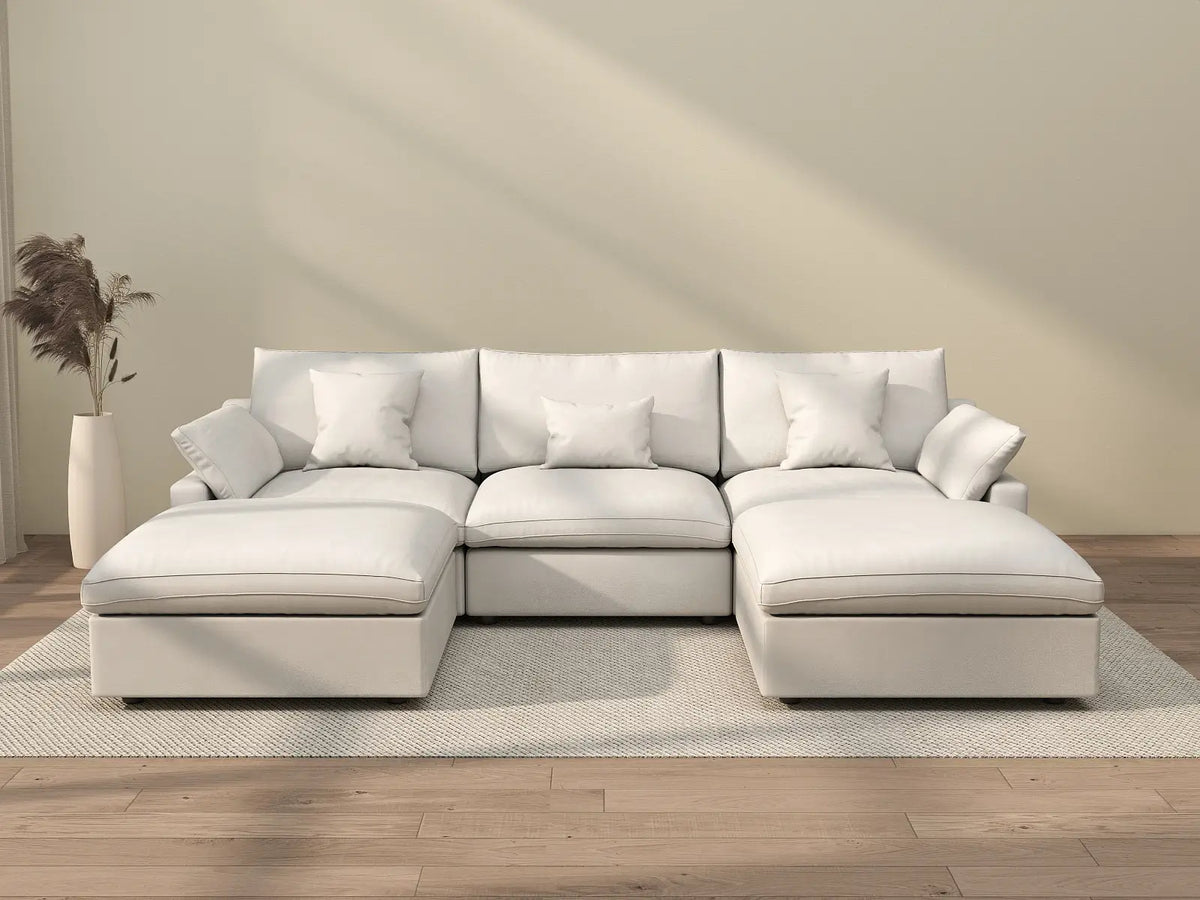 Deluxe Cloud 3-Seater White Washable U-Shaped Sectional | 5-Piece (includes 2 Ottomans), Chenille and Linen Fabric, Modular Design