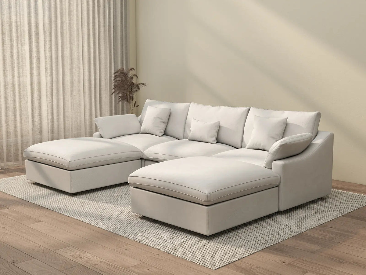 Deluxe Cloud 3-Seater White Washable U-Shaped Sectional | 5-Piece (includes 2 Ottomans), Chenille and Linen Fabric, Modular Design