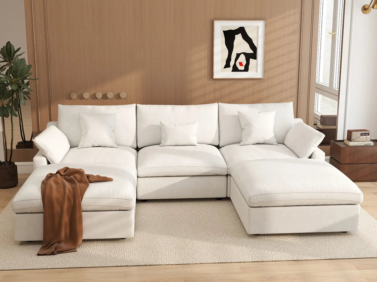 Deluxe Cloud 3-Seater White Washable U-Shaped Sectional | 5-Piece (includes 2 Ottomans), Chenille and Linen Fabric, Modular Design