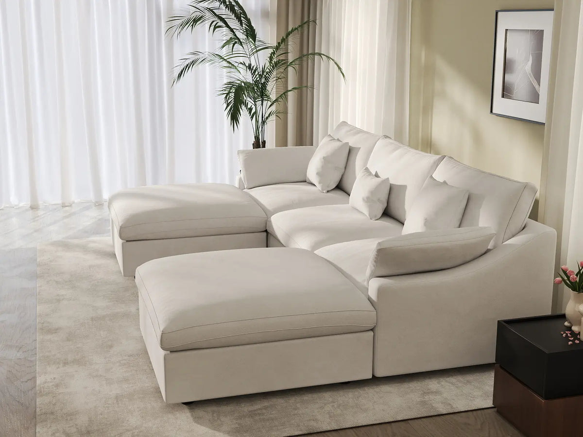 Deluxe Cloud 3-Seater White Washable U-Shaped Sectional | 5-Piece (includes 2 Ottomans), Chenille and Linen Fabric, Modular Design