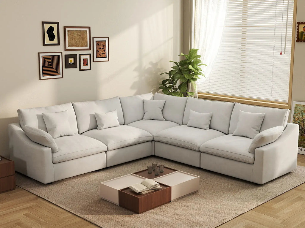 Deluxe Cloud 5-Seater White Washable V-Shaped Sectional | 5-Piece, Chenille and Linen Fabric, Modular Design