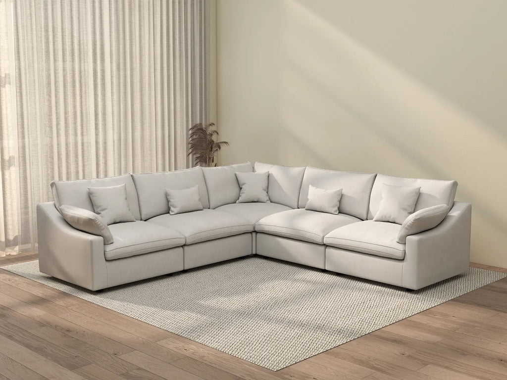 Deluxe Cloud 5-Seater White Washable V-Shaped Sectional | 5-Piece, Chenille and Linen Fabric, Modular Design