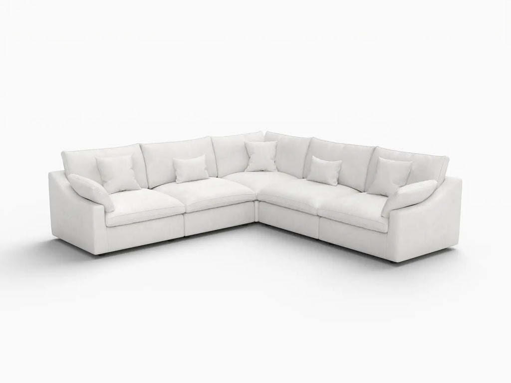 Deluxe Cloud 5-Seater White Washable V-Shaped Sectional | 5-Piece, Chenille and Linen Fabric, Modular Design