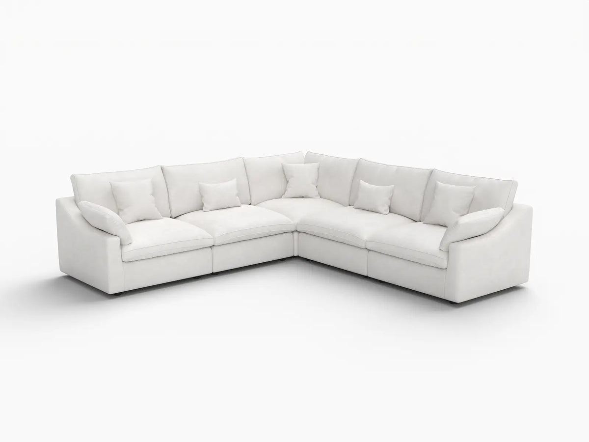 Deluxe Cloud 5-Seater White Washable V-Shaped Sectional | 5-Piece, Chenille and Linen Fabric, Modular Design