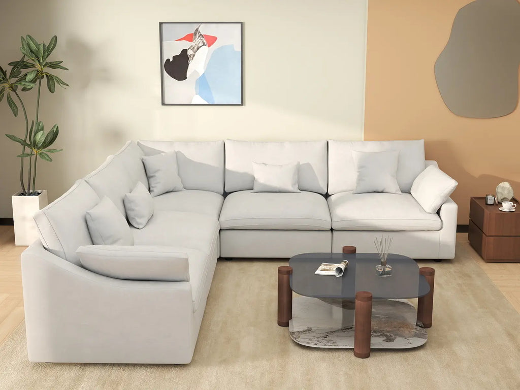 Deluxe Cloud 5-Seater White Washable V-Shaped Sectional | 5-Piece, Chenille and Linen Fabric, Modular Design