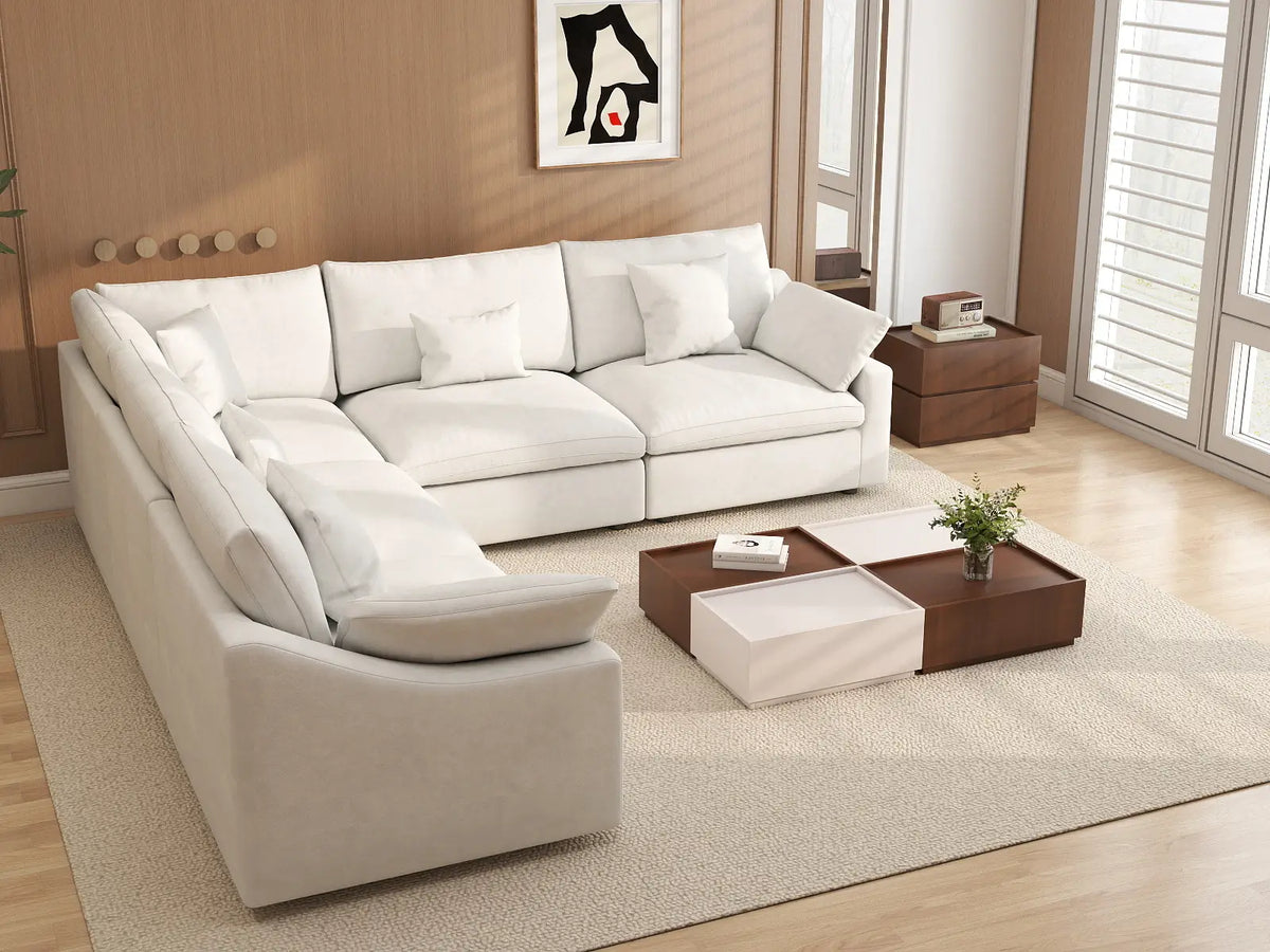 Deluxe Cloud 5-Seater White Washable V-Shaped Sectional | 5-Piece, Chenille and Linen Fabric, Modular Design