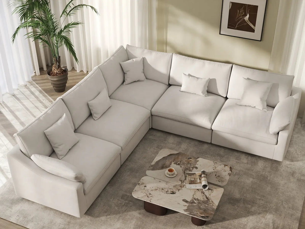 Deluxe Cloud 5-Seater White Washable V-Shaped Sectional | 5-Piece, Chenille and Linen Fabric, Modular Design