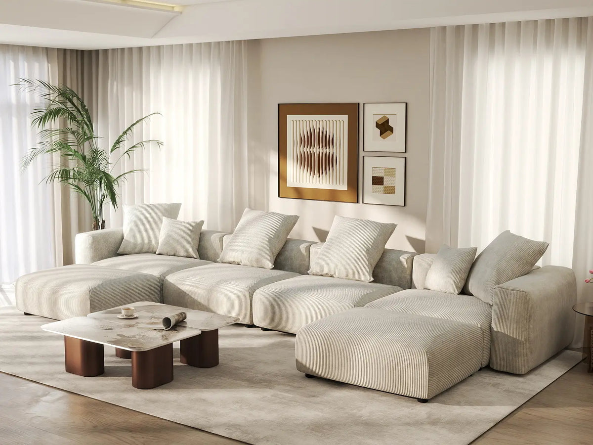 Matrix 4-Seater Beige Washable U-Shaped Sectional | 6-Piece (includes 2 Ottomans), Corduroy Fabric, Modular Design