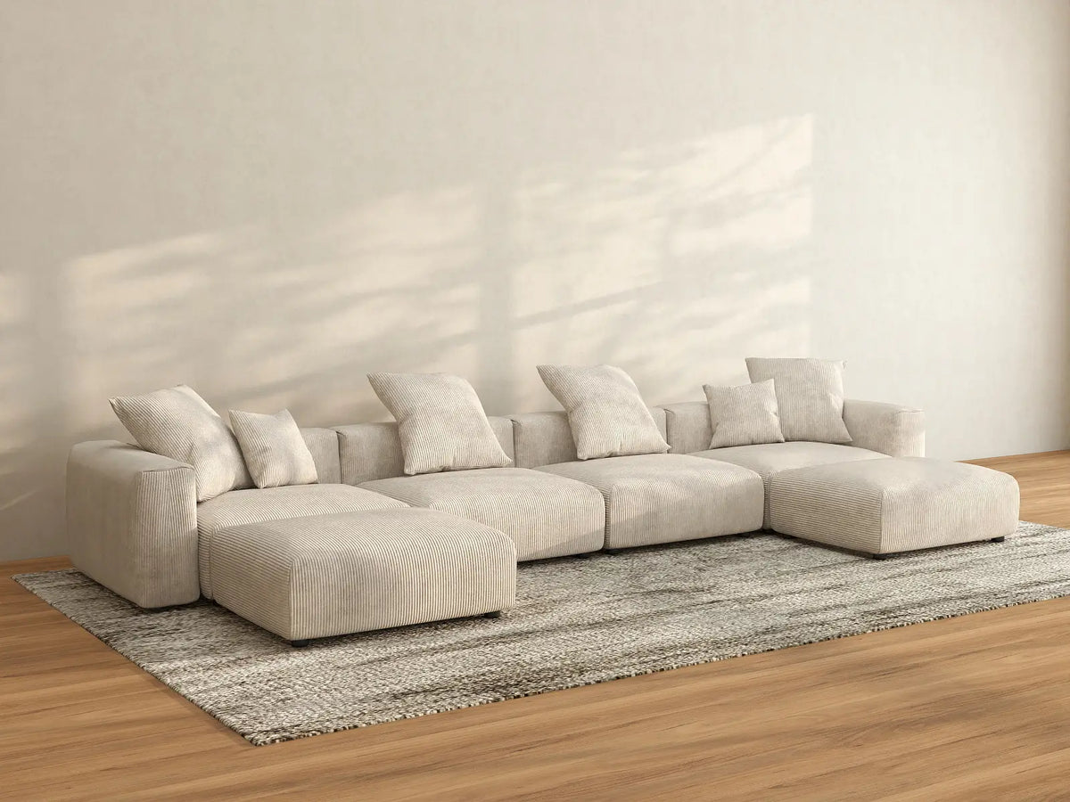 Matrix 4-Seater Beige Washable U-Shaped Sectional | 6-Piece (includes 2 Ottomans), Corduroy Fabric, Modular Design
