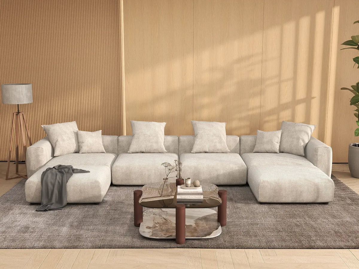 Matrix 4-Seater Beige Washable U-Shaped Sectional | 6-Piece (includes 2 Ottomans), Corduroy Fabric, Modular Design