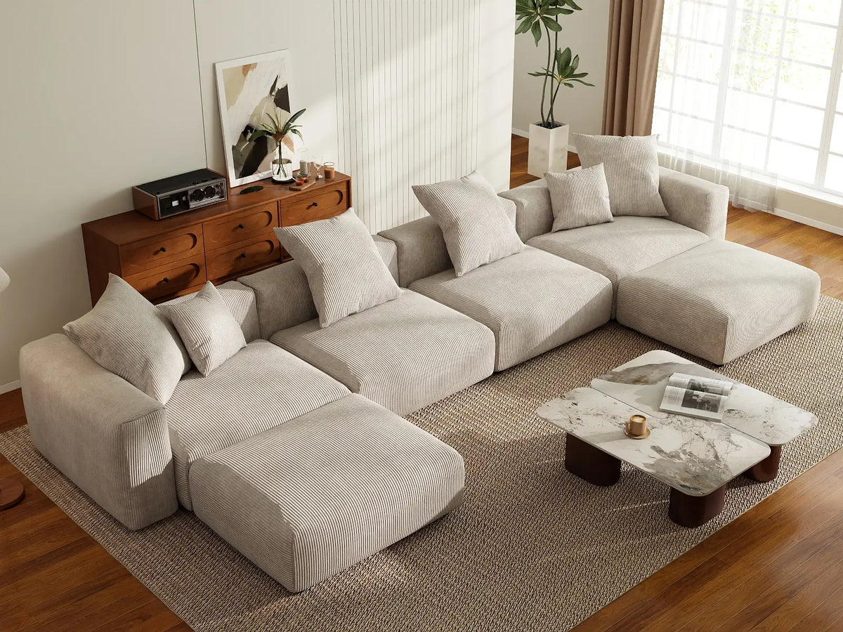 Matrix 4-Seater Beige Washable U-Shaped Sectional | 6-Piece (includes 2 Ottomans), Corduroy Fabric, Modular Design
