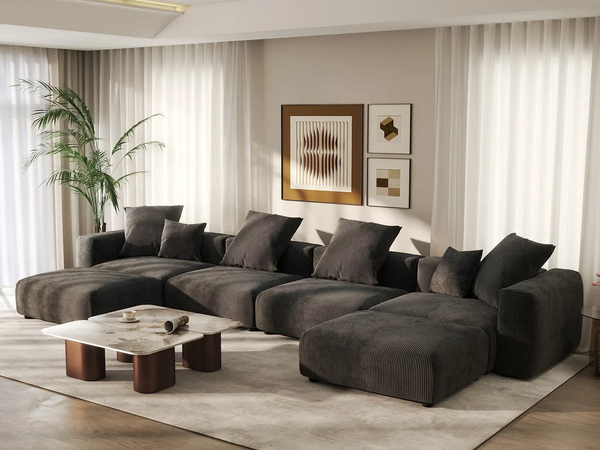 Matrix 4-Seater Black Washable U-Shaped Sectional | 6-Piece (includes 2 Ottomans), Corduroy Fabric, Modular Design