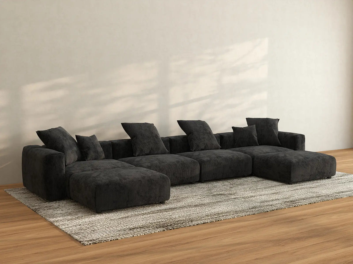 Matrix 4-Seater Black Washable U-Shaped Sectional | 6-Piece (includes 2 Ottomans), Corduroy Fabric, Modular Design