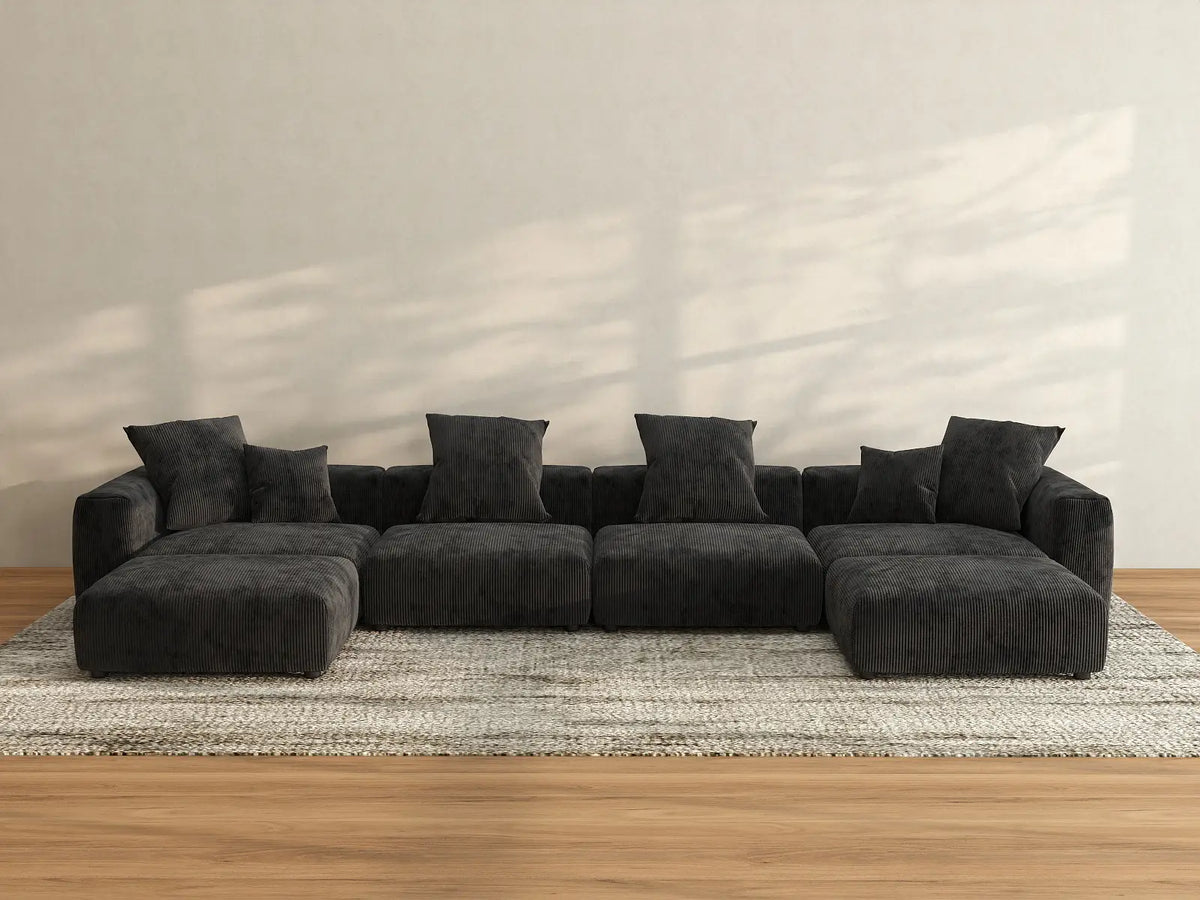 Matrix 4-Seater Black Washable U-Shaped Sectional | 6-Piece (includes 2 Ottomans), Corduroy Fabric, Modular Design