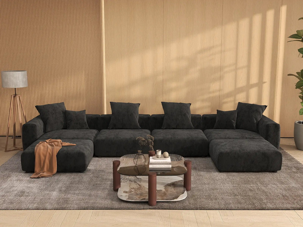 Matrix 4-Seater Black Washable U-Shaped Sectional | 6-Piece (includes 2 Ottomans), Corduroy Fabric, Modular Design