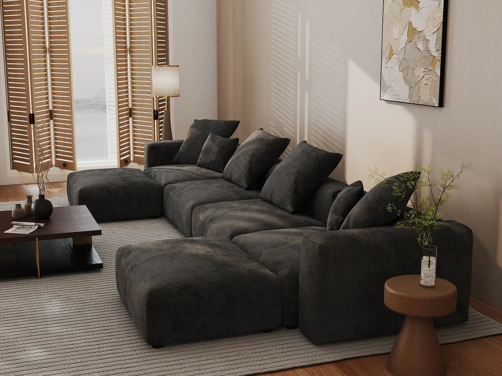 Matrix 4-Seater Black Washable U-Shaped Sectional | 6-Piece (includes 2 Ottomans), Corduroy Fabric, Modular Design