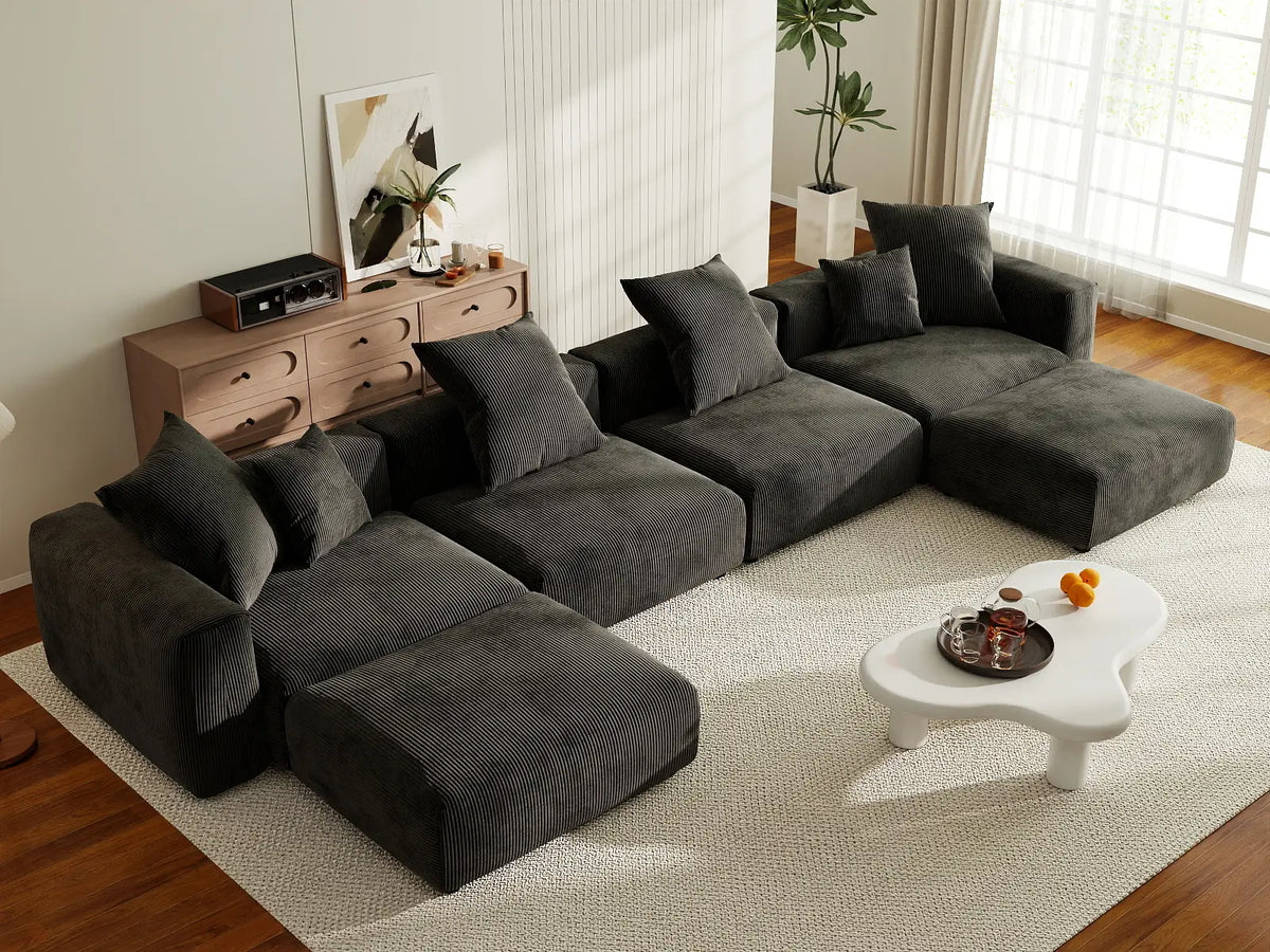 Matrix 4-Seater Black Washable U-Shaped Sectional | 6-Piece (includes 2 Ottomans), Corduroy Fabric, Modular Design