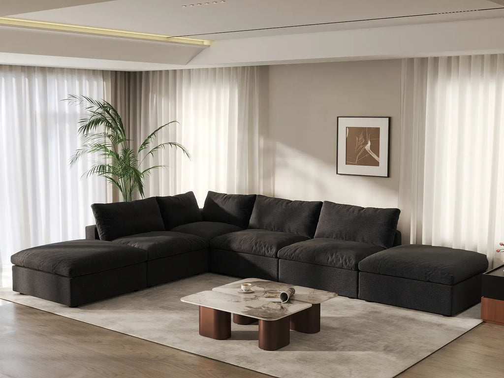 Deluxe Cloud 4-Seater Black Storage L-Shaped Sectional | 6-Piece (includes 2 Ottomans), Cotton and Linen Fabric, Washable Covers
