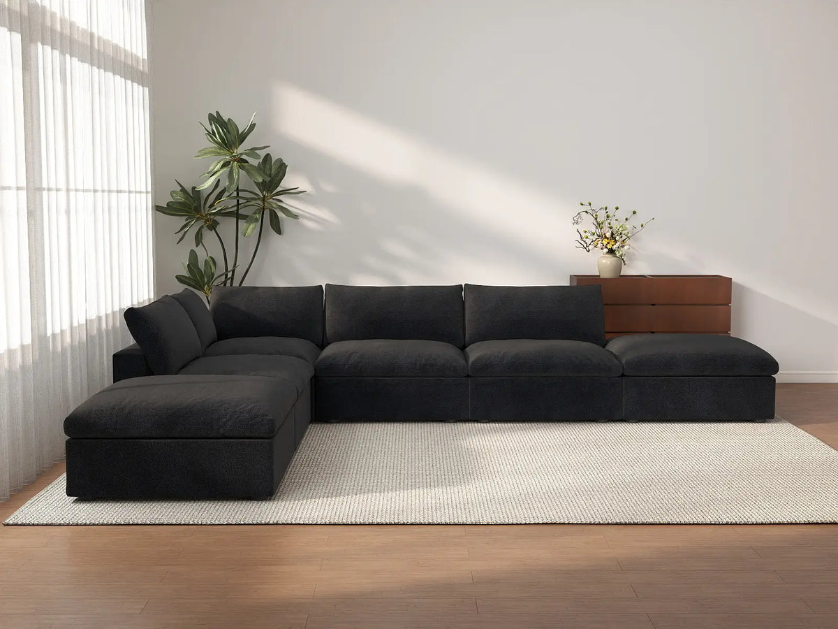 Deluxe Cloud 4-Seater Black Storage L-Shaped Sectional | 6-Piece (includes 2 Ottomans), Cotton and Linen Fabric, Washable Covers