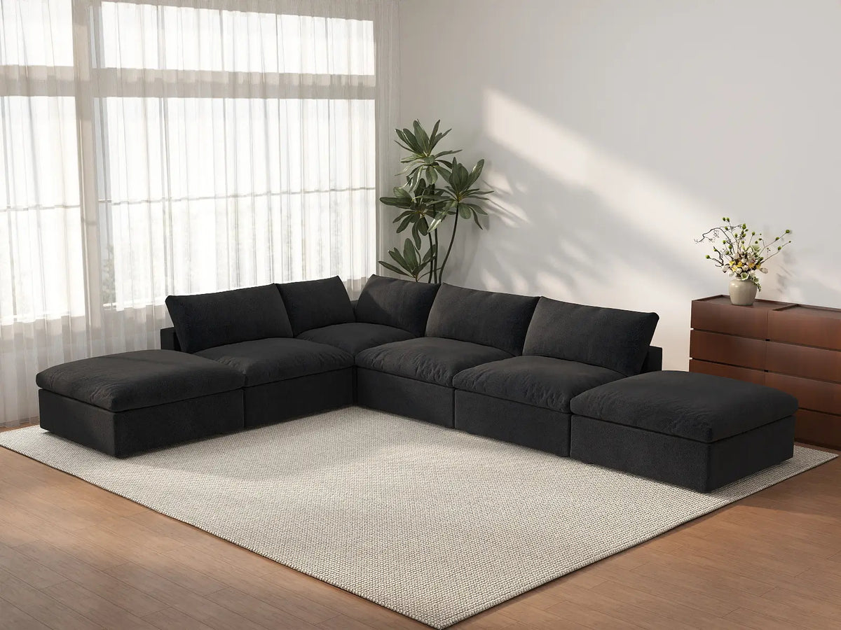 Deluxe Cloud 4-Seater Black Storage L-Shaped Sectional | 6-Piece (includes 2 Ottomans), Cotton and Linen Fabric, Washable Covers