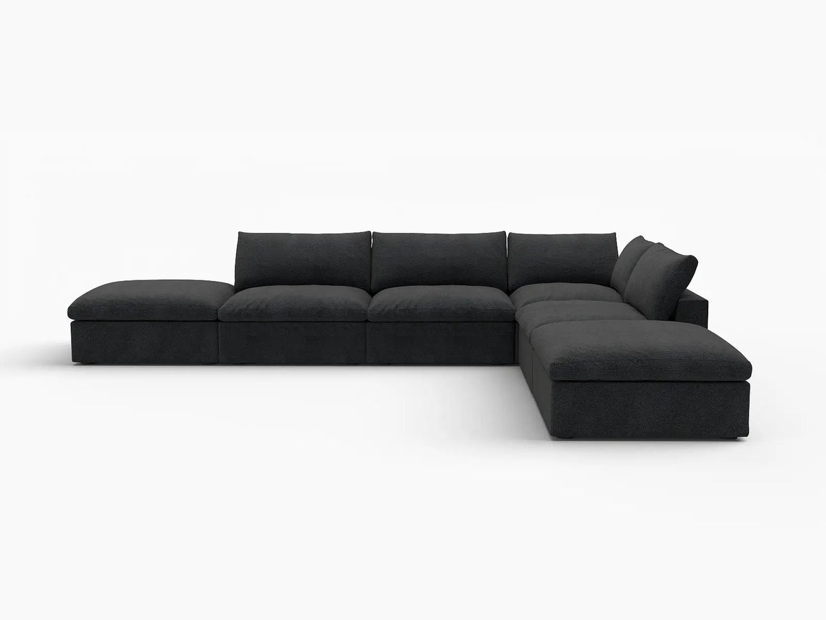 Deluxe Cloud 4-Seater Black Storage L-Shaped Sectional | 6-Piece (includes 2 Ottomans), Cotton and Linen Fabric, Washable Covers