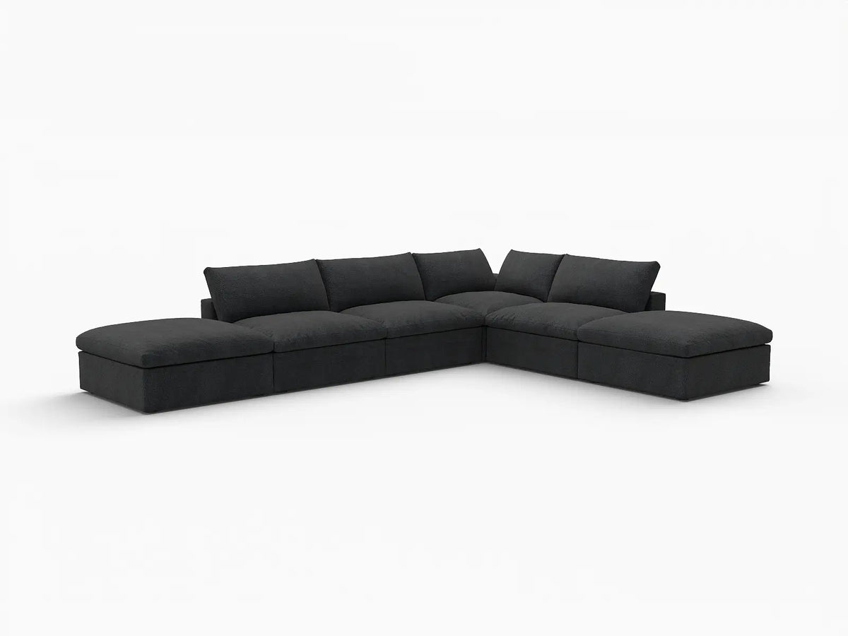 Deluxe Cloud 4-Seater Black Storage L-Shaped Sectional | 6-Piece (includes 2 Ottomans), Cotton and Linen Fabric, Washable Covers