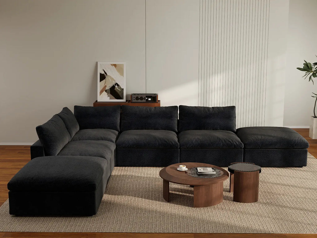Deluxe Cloud 4-Seater Black Storage L-Shaped Sectional | 6-Piece (includes 2 Ottomans), Cotton and Linen Fabric, Washable Covers