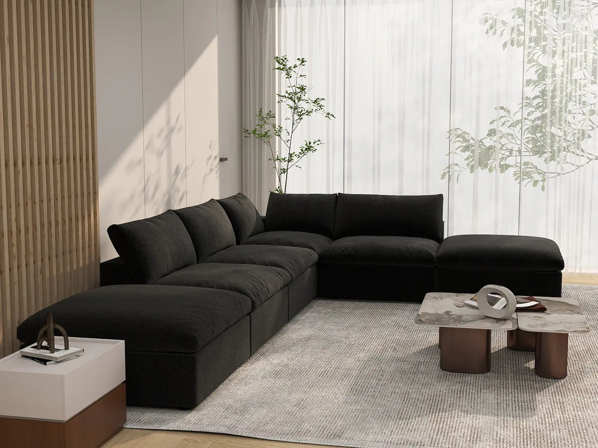 Deluxe Cloud 4-Seater Black Storage L-Shaped Sectional | 6-Piece (includes 2 Ottomans), Cotton and Linen Fabric, Washable Covers
