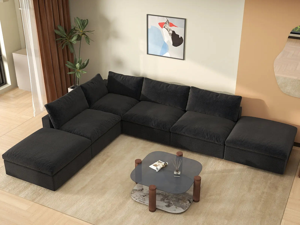 Deluxe Cloud 4-Seater Black Storage L-Shaped Sectional | 6-Piece (includes 2 Ottomans), Cotton and Linen Fabric, Washable Covers