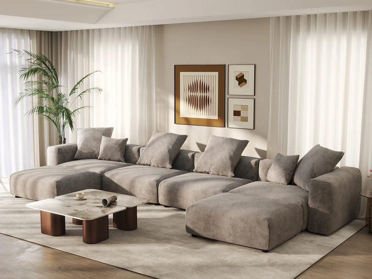 Matrix 4-Seater Brown Washable U-Shaped Sectional | 6-Piece (includes 2 Ottomans), Corduroy Fabric, Modular Design
