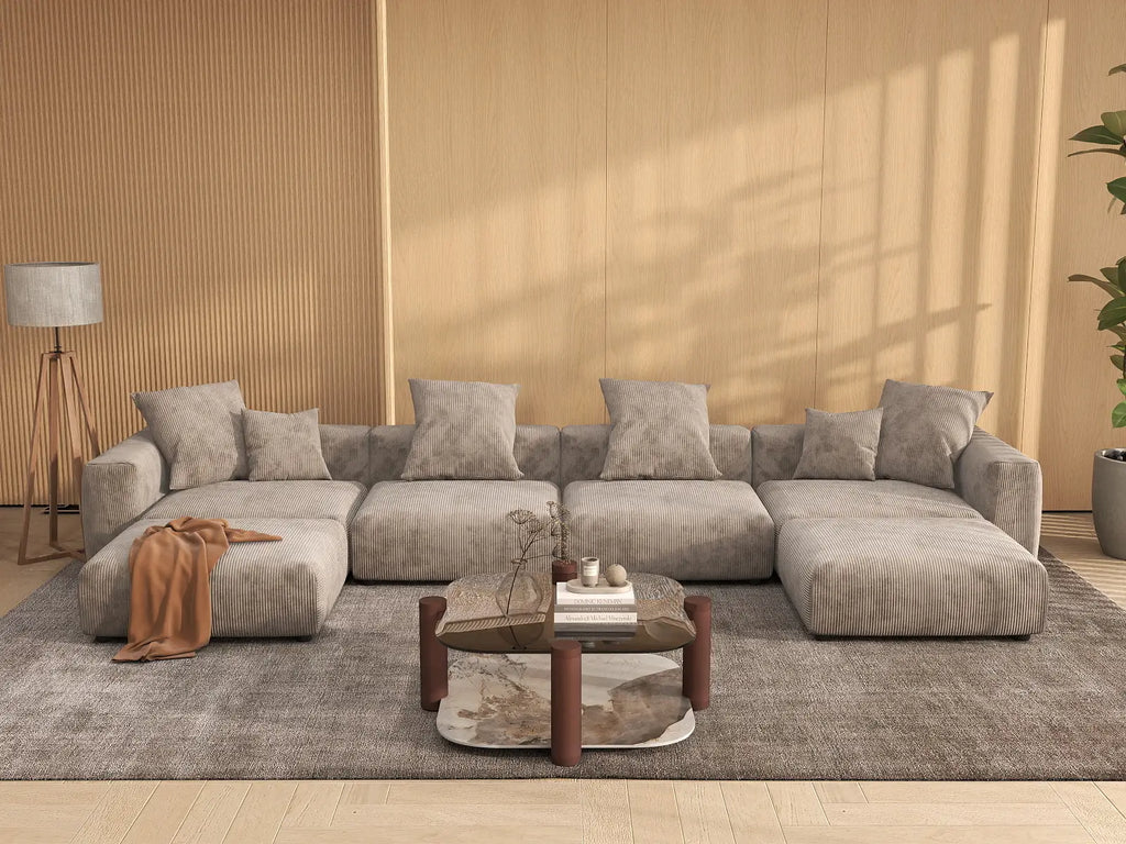 Matrix 4-Seater Brown Washable U-Shaped Sectional | 6-Piece (includes 2 Ottomans), Corduroy Fabric, Modular Design