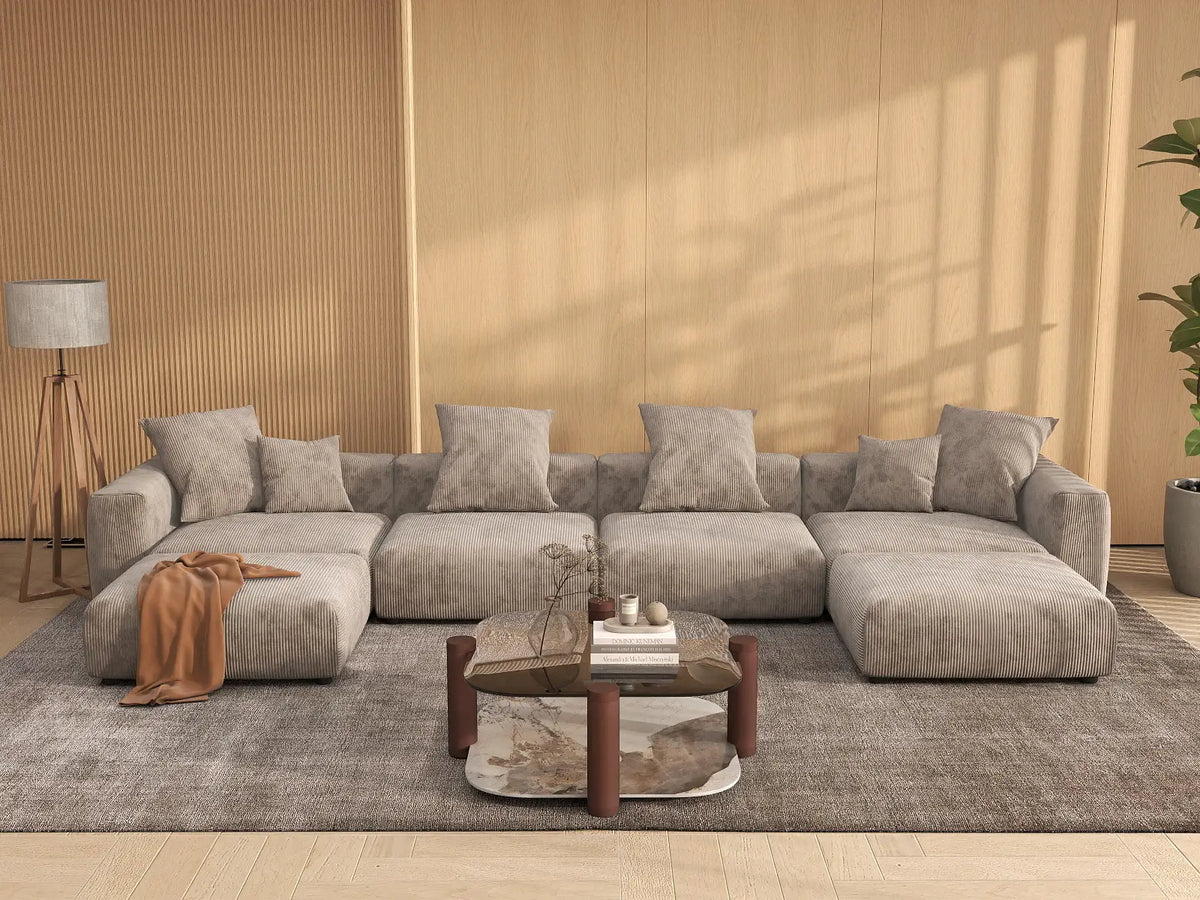Matrix 4-Seater Brown Washable U-Shaped Sectional | 6-Piece (includes 2 Ottomans), Corduroy Fabric, Modular Design