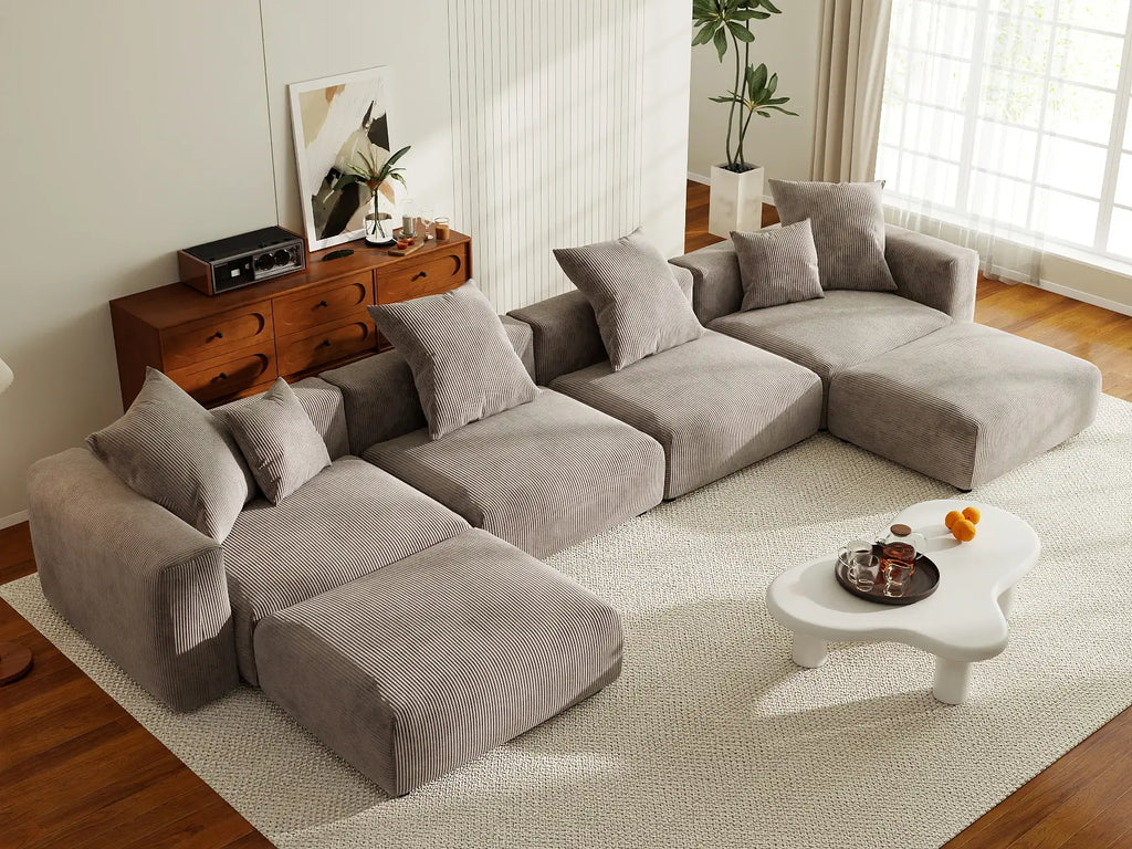 Matrix 4-Seater Brown Washable U-Shaped Sectional | 6-Piece (includes 2 Ottomans), Corduroy Fabric, Modular Design
