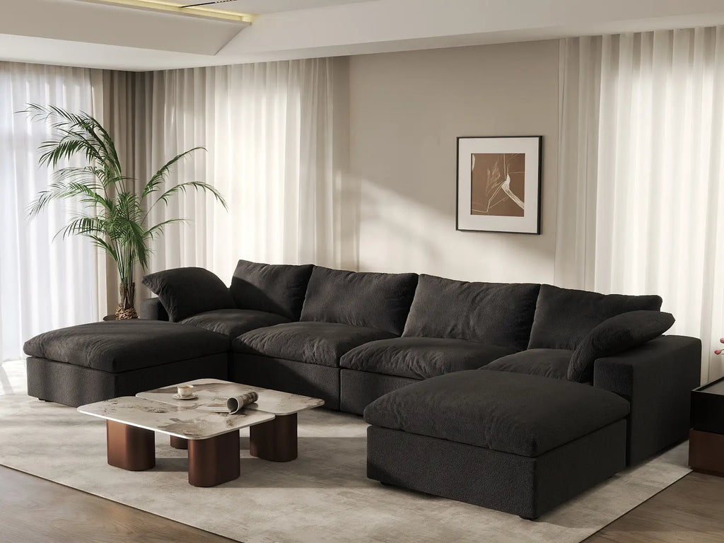Deluxe Cloud 4-Seater Black Storage U-Shaped Sectional | 6-Piece (includes 2 Ottomans), Cotton and Linen Fabric, Washable Covers
