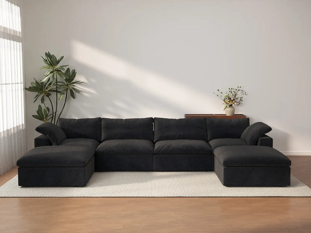 Deluxe Cloud 4-Seater Black Storage U-Shaped Sectional | 6-Piece (includes 2 Ottomans), Cotton and Linen Fabric, Washable Covers