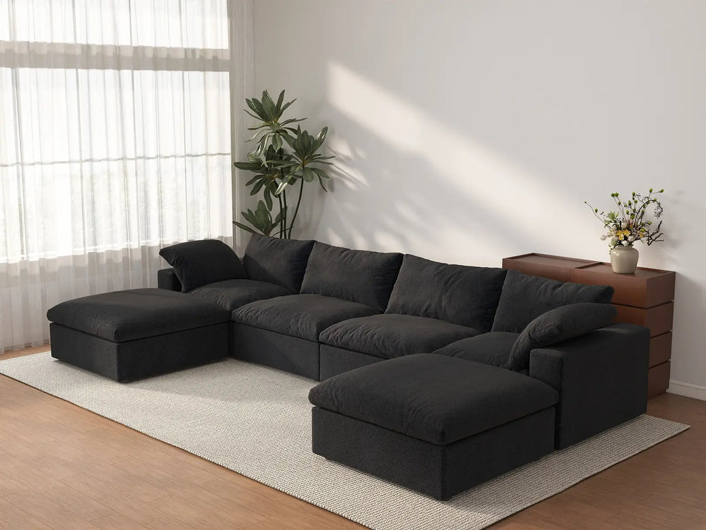 Deluxe Cloud 4-Seater Black Storage U-Shaped Sectional | 6-Piece (includes 2 Ottomans), Cotton and Linen Fabric, Washable Covers