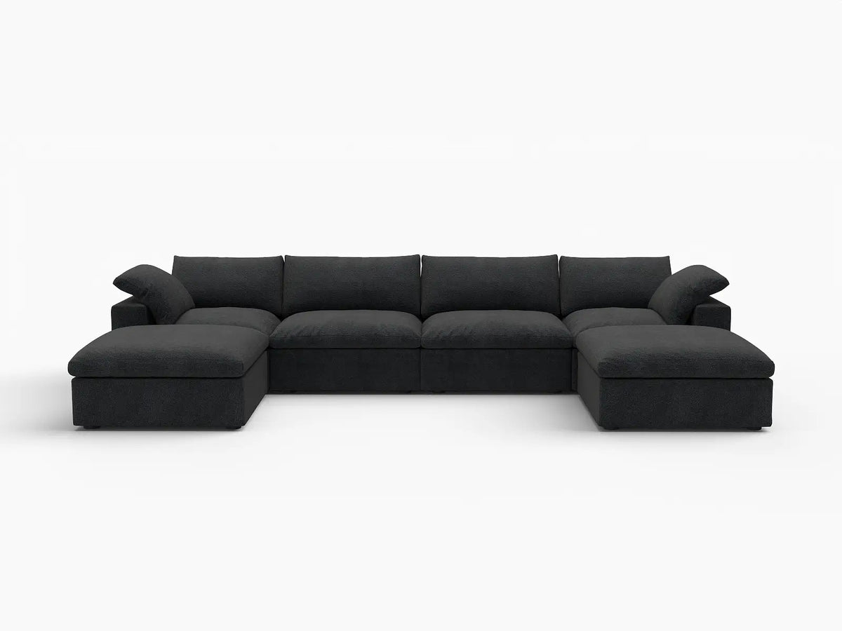 Deluxe Cloud 4-Seater Black Storage U-Shaped Sectional | 6-Piece (includes 2 Ottomans), Cotton and Linen Fabric, Washable Covers