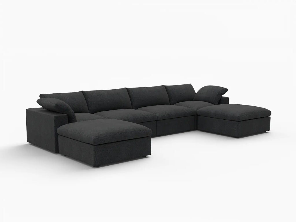 Deluxe Cloud 4-Seater Black Storage U-Shaped Sectional | 6-Piece (includes 2 Ottomans), Cotton and Linen Fabric, Washable Covers