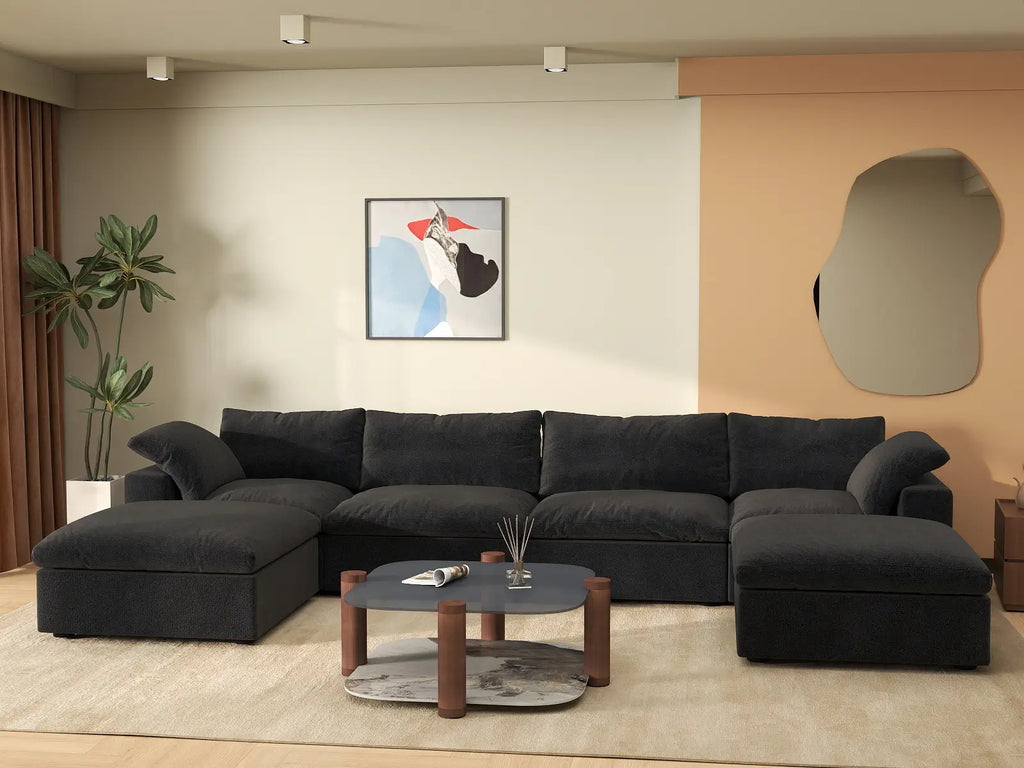 Deluxe Cloud 4-Seater Black Storage U-Shaped Sectional | 6-Piece (includes 2 Ottomans), Cotton and Linen Fabric, Washable Covers