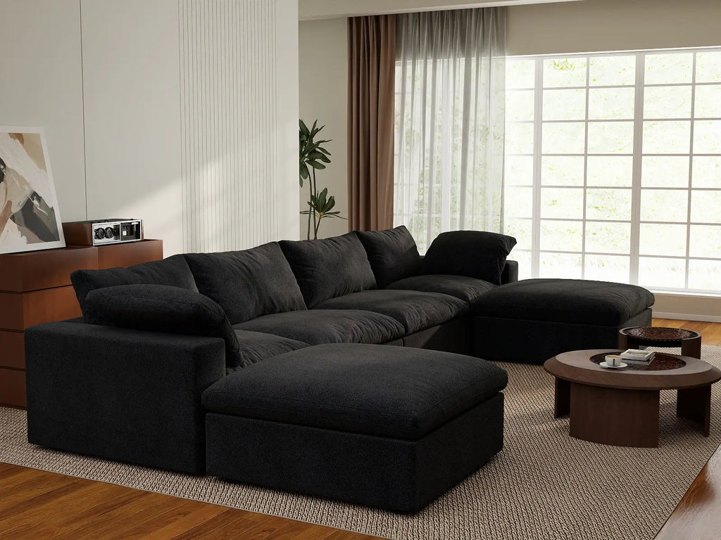 Deluxe Cloud 4-Seater Black Storage U-Shaped Sectional | 6-Piece (includes 2 Ottomans), Cotton and Linen Fabric, Washable Covers