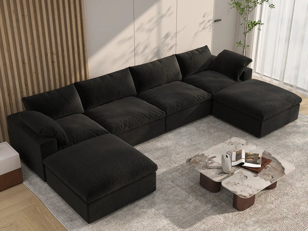 Deluxe Cloud 4-Seater Black Storage U-Shaped Sectional | 6-Piece (includes 2 Ottomans), Cotton and Linen Fabric, Washable Covers