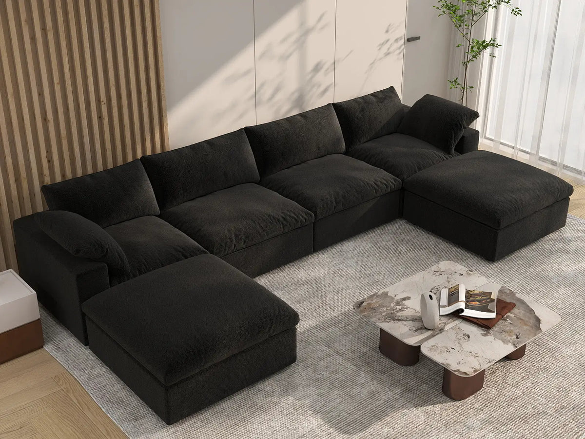 Deluxe Cloud 4-Seater Black Storage U-Shaped Sectional | 6-Piece (includes 2 Ottomans), Cotton and Linen Fabric, Washable Covers