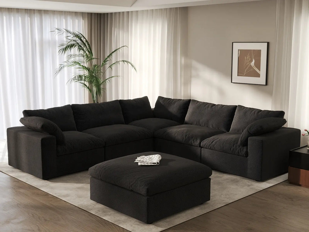Deluxe Cloud 5-Seater Black Storage Sofa Set | 6-Piece (includes 1 Ottoman), Cotton and Linen Fabric, Washable Covers