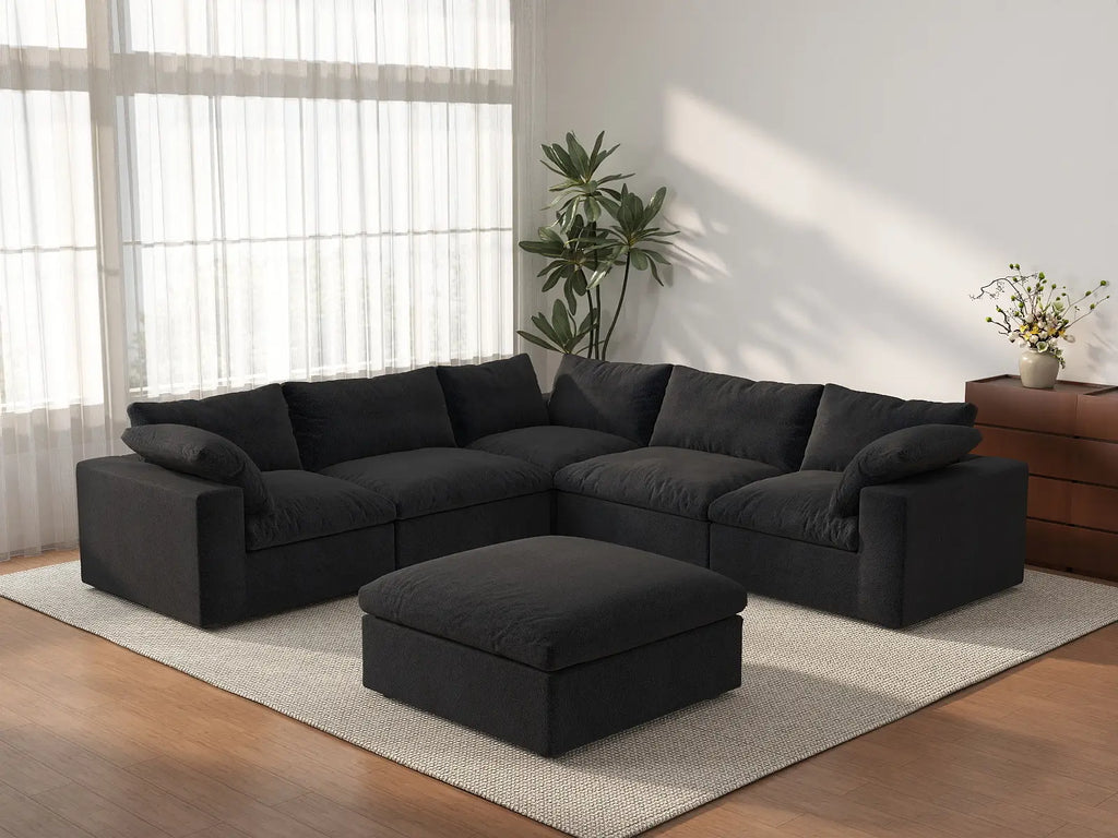 Deluxe Cloud 5-Seater Black Storage Sofa Set | 6-Piece (includes 1 Ottoman), Cotton and Linen Fabric, Washable Covers