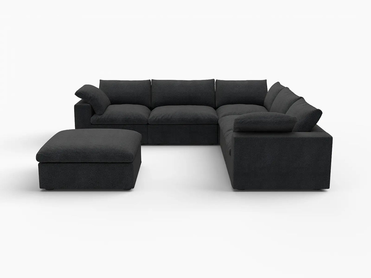 Deluxe Cloud 5-Seater Black Storage Sofa Set | 6-Piece (includes 1 Ottoman), Cotton and Linen Fabric, Washable Covers