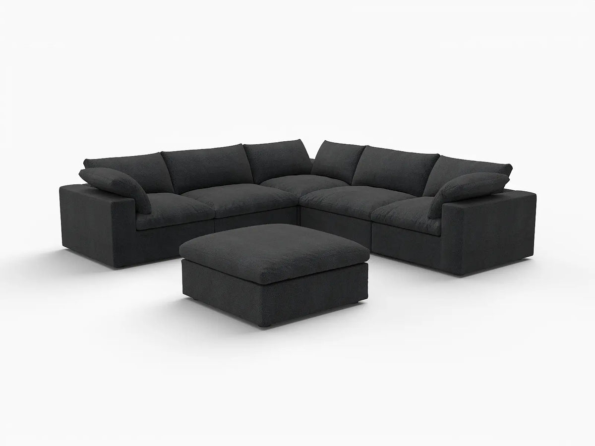 Deluxe Cloud 5-Seater Black Storage Sofa Set | 6-Piece (includes 1 Ottoman), Cotton and Linen Fabric, Washable Covers